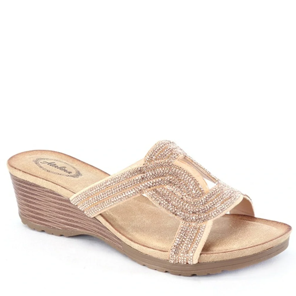 Italina Champagne Rhinestone Embellished Faux Leather Low Heeled Wedge Sandal